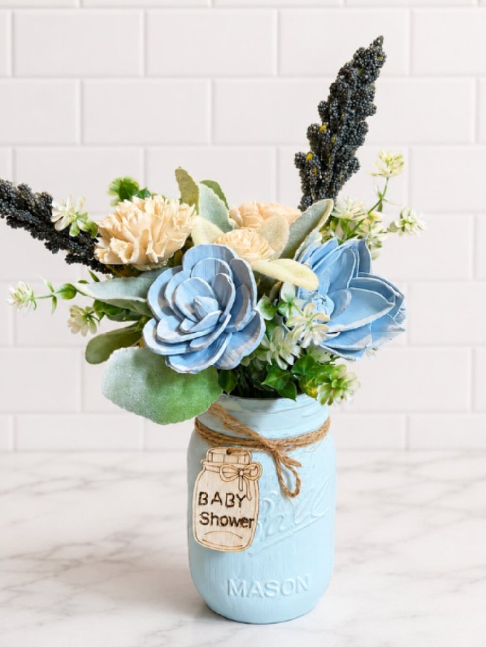 Blue Cream Sola Wood Floral Arrangement Mason Jar Baby Boy Shower Nursery Decor